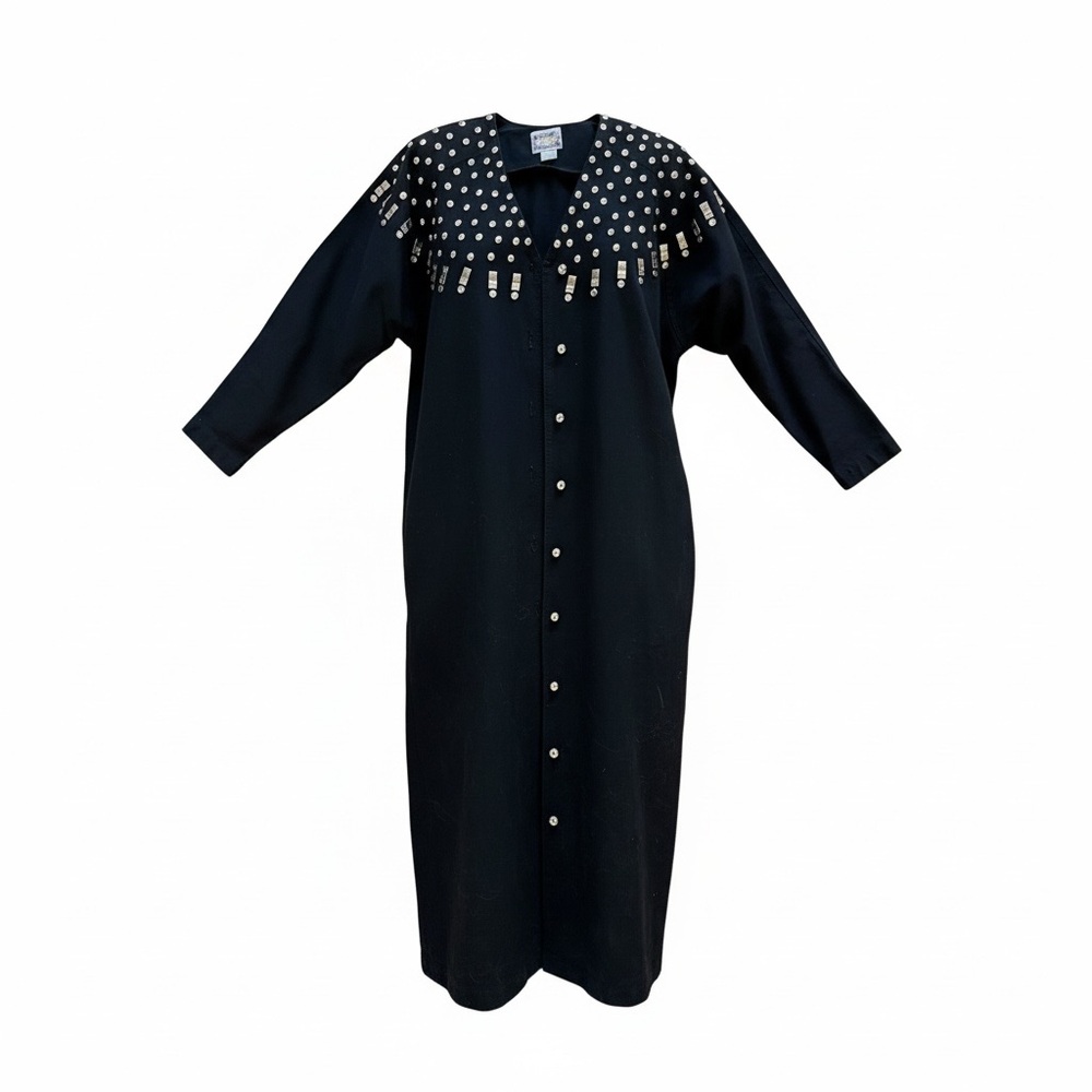 Vintage Black Studded Embellished Long Denim Coat